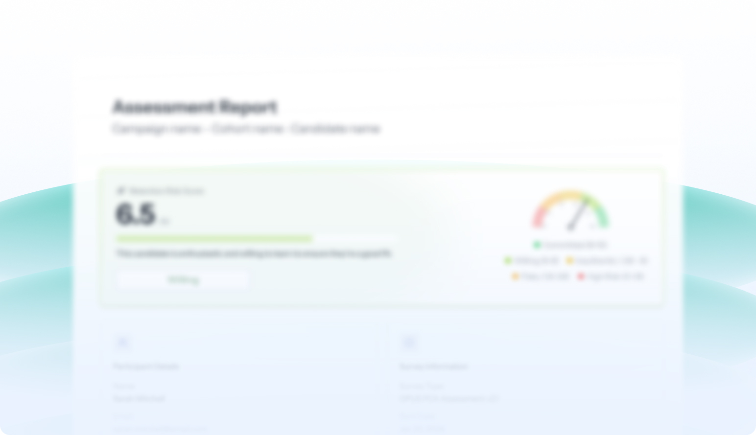 Blurred sample hiring readout (light): summary score and fit gauge for recruiters.