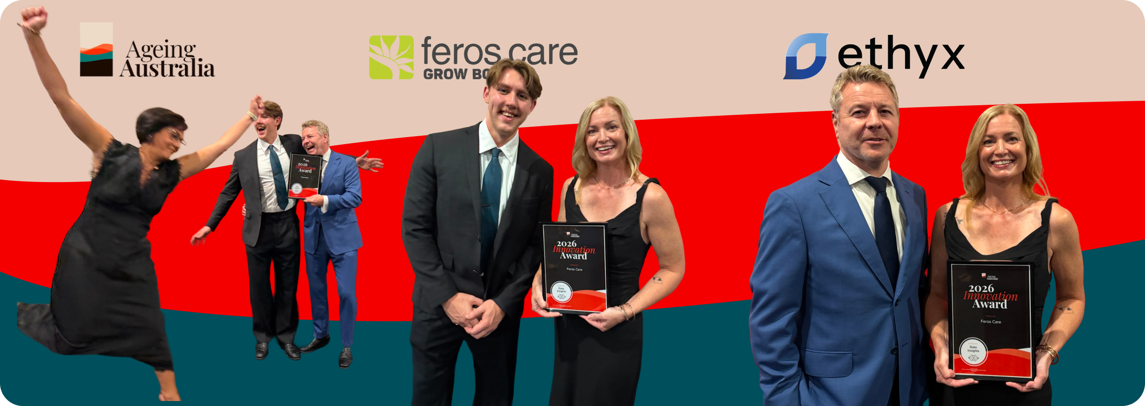 Ageing Australia, Feros Care, and ethyx celebrating the ITAC 2026 Innovation Award finalist nomination.