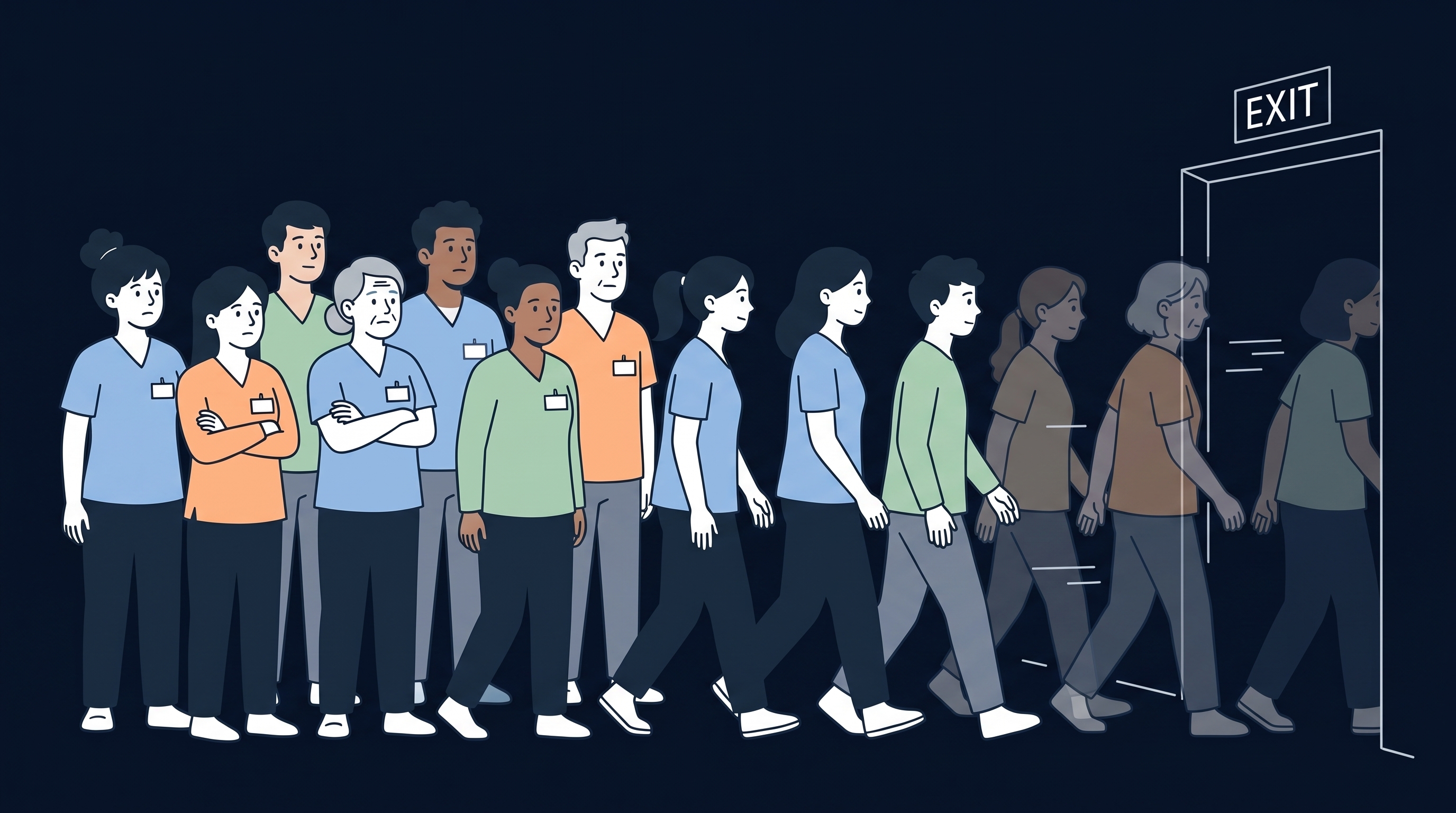 Carers leaving through an exit door, showing nearly half the workforce turning over.