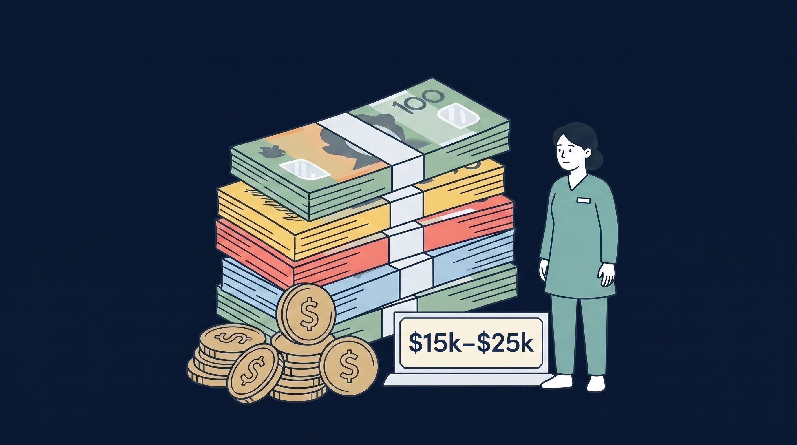 A carer beside stacked cash and a $15k–$25k cost plaque, representing the cost of replacing each carer who leaves.
